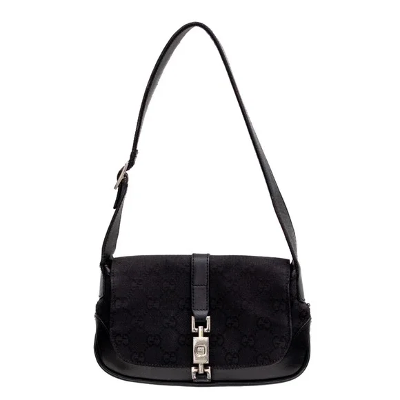 Vntg GUCCI Black GG Canvas/Leather Small Flap Jackie O Hobo Bag Canvas & Leather