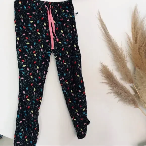 NEW UO RENE ROFE Black Pink Christmas Light Fleece Black Pajamas Pants PJs M