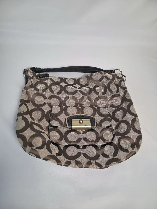 PROJECT Coach Kristen Hobo Tan Brown Sateen Canvas Monogram Slouchy Shoulder Bag