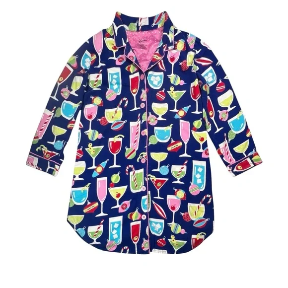 Nick & Nora Flannel PJ Nightgown Sleep Shirt Dress L Holiday Cocktails Christmas