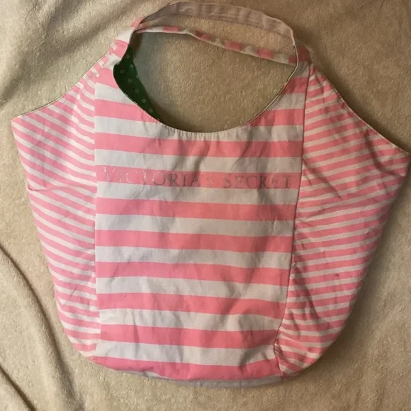 🌞 VICTORIA’S SECRET Pink and White striped REVERSIBLE Bag Tote Hobo Purse