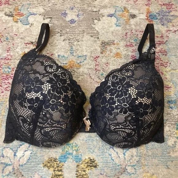 Victoria’s Secret Angels Black And Tan Lace Push Up Bra Size 34D