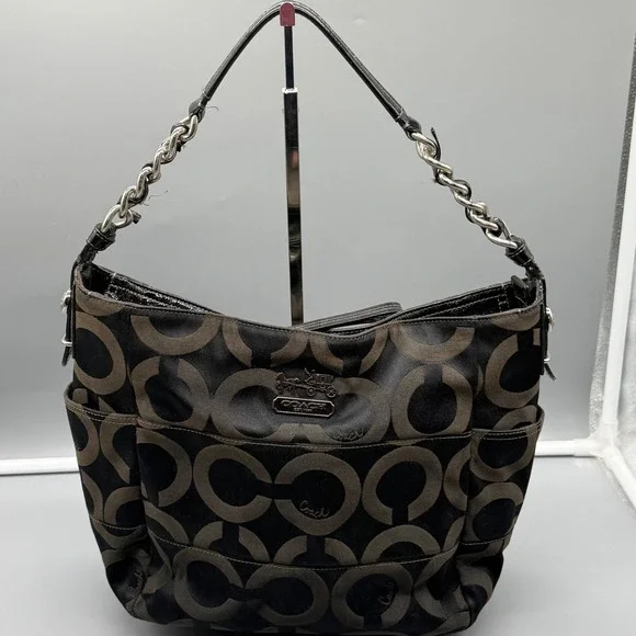 Y2K Coach Madison Signature C Black Jacquard Patent Leather Hobo Bag 14127