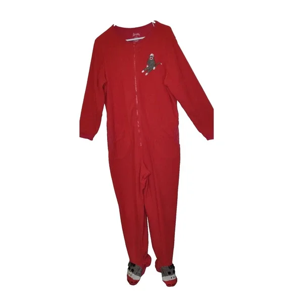 Nick & Nora Footie Fleece Red Pajamas Size Large SOCK MONKEY Zip Up Footed PJs