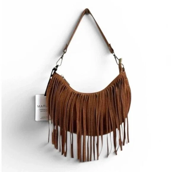 NWT Marlon Italy Suede Fringe Crescent Hobo Bag Brown Western Cowgirl Festival