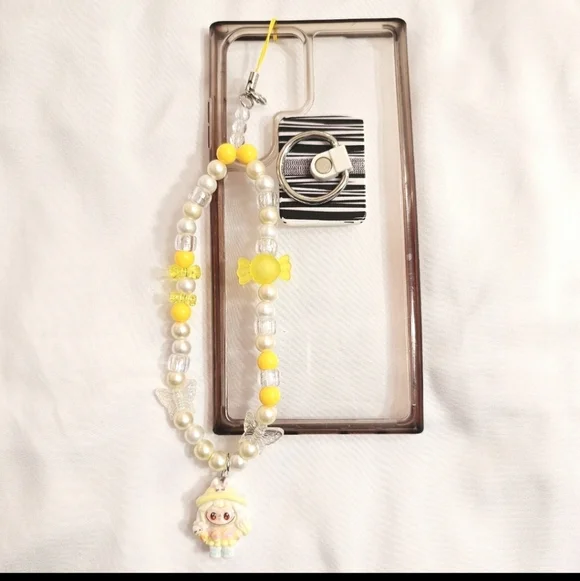 Cute Pastel Yellow Girly Dainty Elegant Beaded Labubu Phone Charm or Wrist Strap
