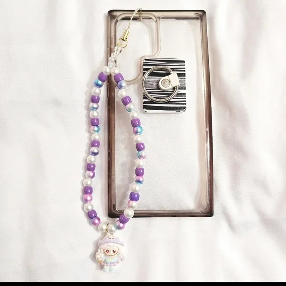 Cute Pastel Purple Girly Dainty Elegant Beaded Labubu Phone Charm or Wrist Strap