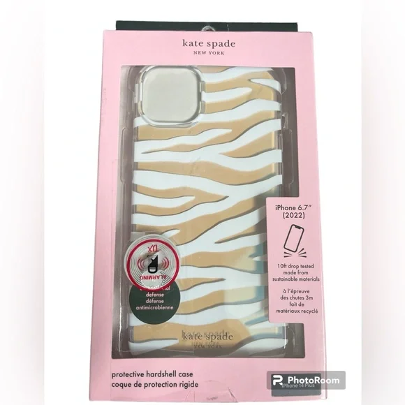 NEW KATE SPADE PROTECTIVE HARDSHELL CASE FITS iPHONE 14 PLUS white zebra stripe