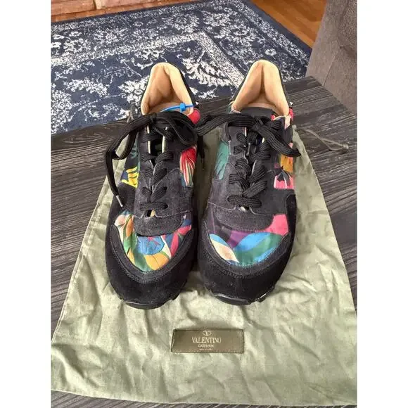 Valentino Rockrunner Stud Black Suede and Tropical Print Sneakers Sz. 42