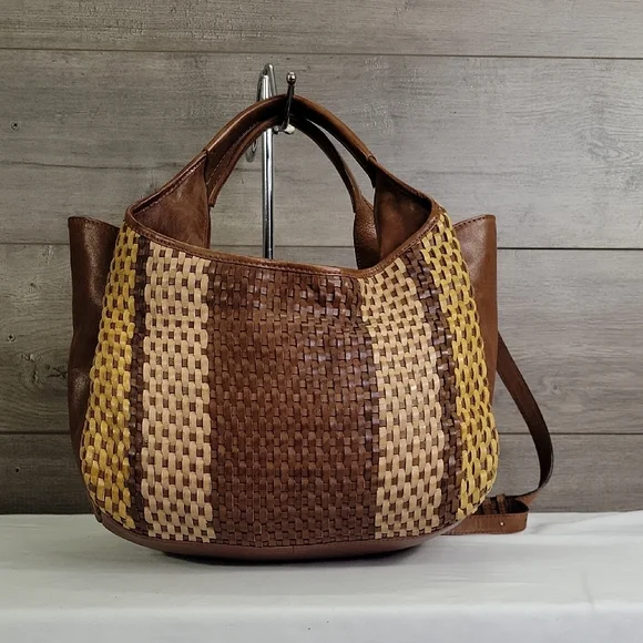 Made in India Brown and Yellow Woven Leather Tote Crossbody Bag