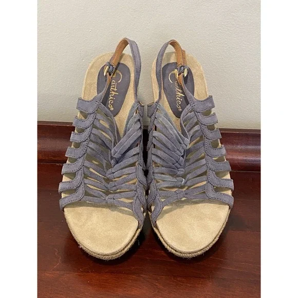 Earthics Saletta Seaport Blue Suede Leather Espadrille Wedge Size 6.5R KZ513