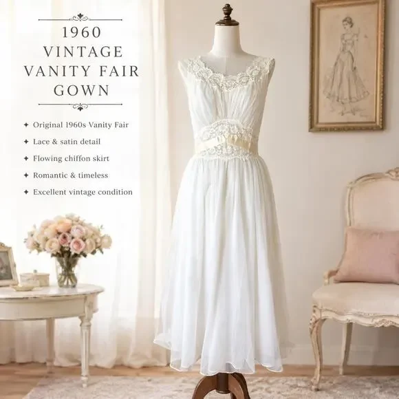 Vanity Fair 1960s Bridal Nightgown White Nylon Chiffon Lace Empire Waist Sz 32