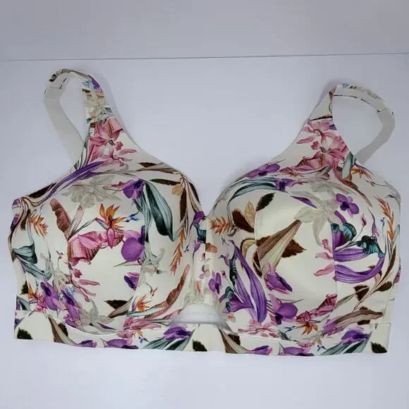 Cacique Lightly Lined Full Coverage Bra Red Floral Underwire 44H Comfort Strap