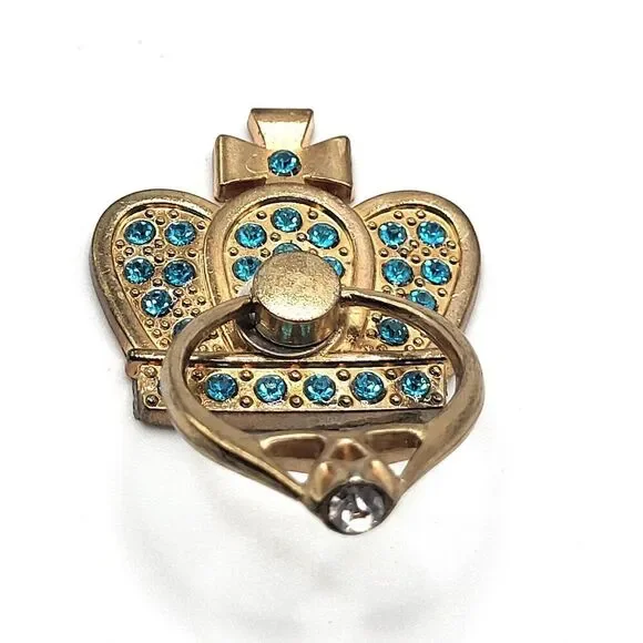 Goldtone Crown Ring Rhinestone Cellphone Hand Loop 1.25in