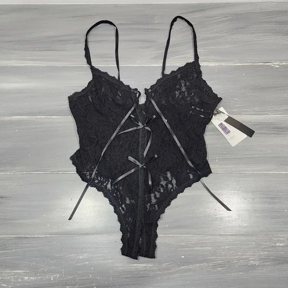 Hanky Panky After Midnight Black Lace Teddy Bodysuit Front Tie Large