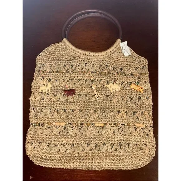 NWT St. John’s bay straw Rafia bag with wooden handles and animals