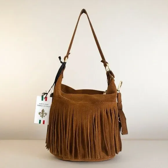 NWT Marlon Italy Suede Leather Fringe Hobo Bag Brown Western Cowgirl Festival