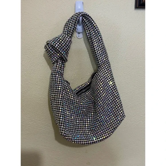 Madison West Iridescent Rhinestone Mesh Knotted Hobo Bag Silver Shimmer Evening