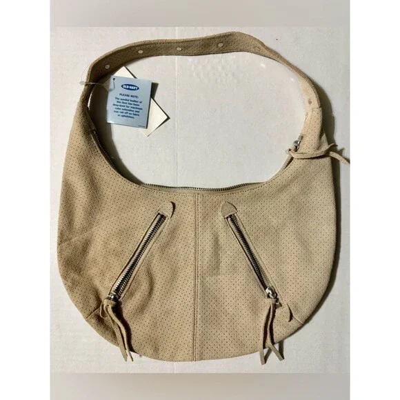 NWT Old Navy Perforated Suede Hobo Bag - Moto Studded Shoulder Bag - Beige
