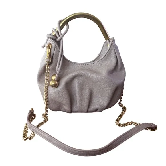 Antik Kraft Taupe Vegan Leather Hobo‎ Bag Gold Metal Handle Crossbody EUC 5x7x4