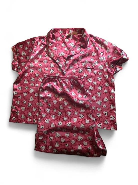 Women's Pink Heart Satin Pajama Set - Short Sleeve Top & ShortsWomen's Pink Hear