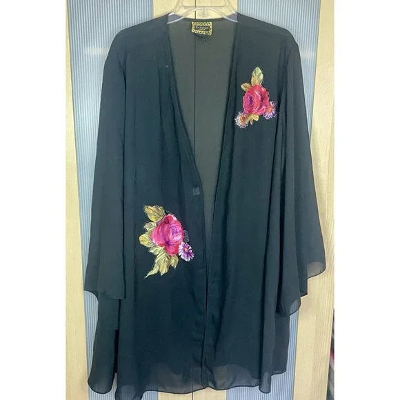 Solange satin robe‎ plus 14-20 Women's black floral sheer Kimono Y2K Boho Goth