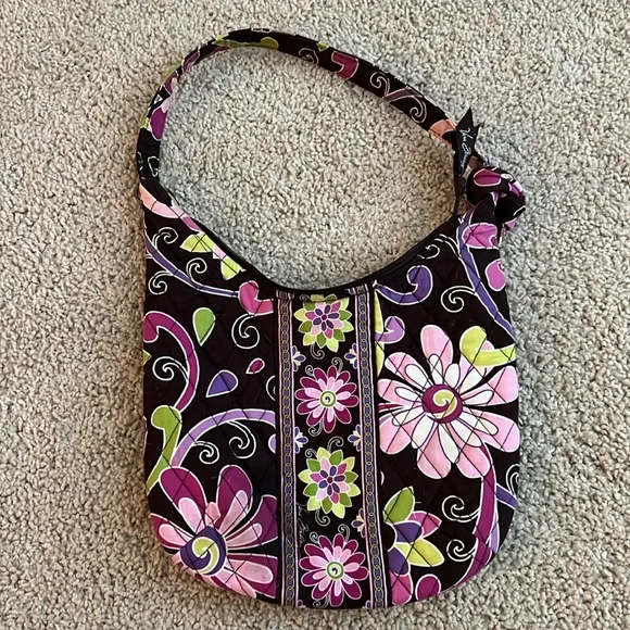 Vera Bradley Purple Punch Hobo Quilted Purse Purple Pink Brown Flowers Retired