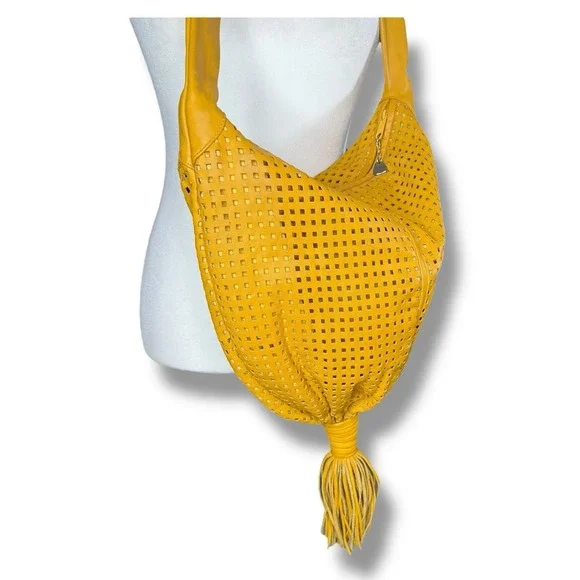 Vintage Retro 1980s Brio! Leather Bag Slouchy Hobo Woven Balloon‎ Purse Yellow