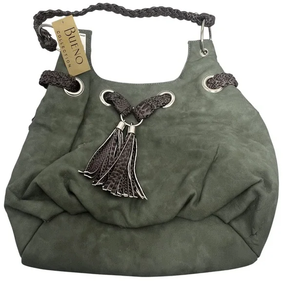 NWT Bueno Collection Sage Green Faux Suede Hobo Shoulder Bag with Tassels