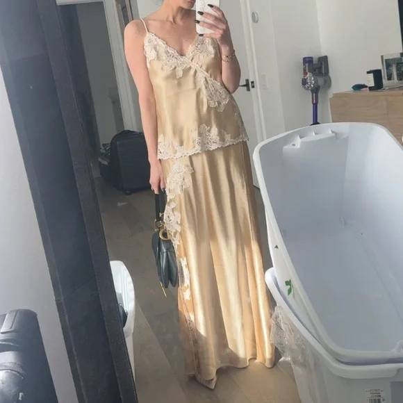 Malene Birger Erika Silk Lace Camisole & Skirt Set Champagne Slip Maxi