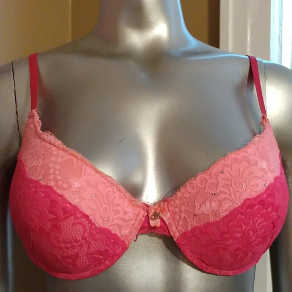 Xoxo 36C light pink dark bra lace intimates lingerie padded cupped rhinestones