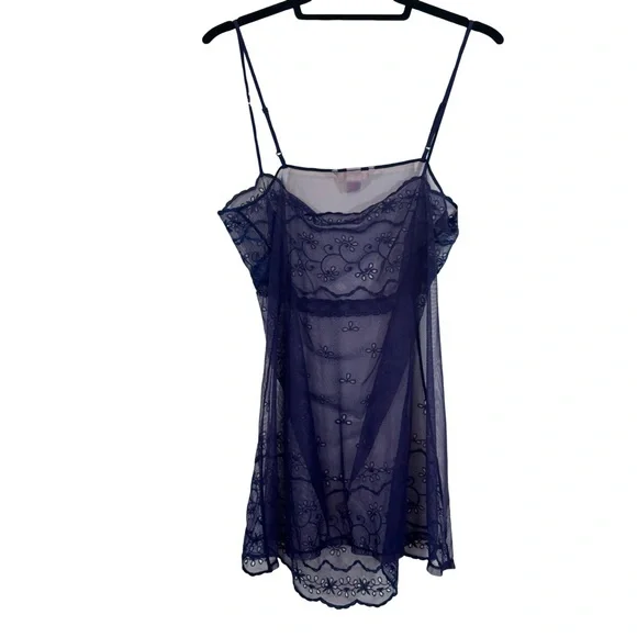 Vntg Y2k Victoria’s Secret Navy Sheer Mesh Embroidered Slip Dress Chemise Sz L