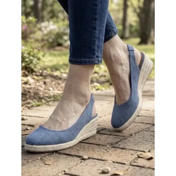 LIFESTRIDE Kayden Espadrille Wedge Shoes Women’s 8.5 Wide Blue Denim Slingback