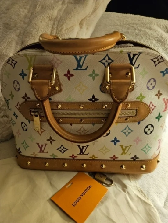 Authentic Louis Vuitton White Multicolor Monogram Alma PM Satchel W/Lock & Key