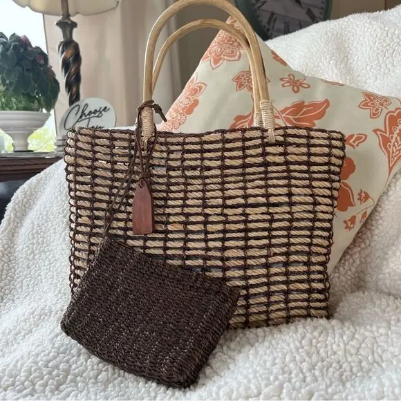 Indeed Straw Rope Bamboo Brown Mushroom Tan Beach Bag Purse Extra Mini Bag