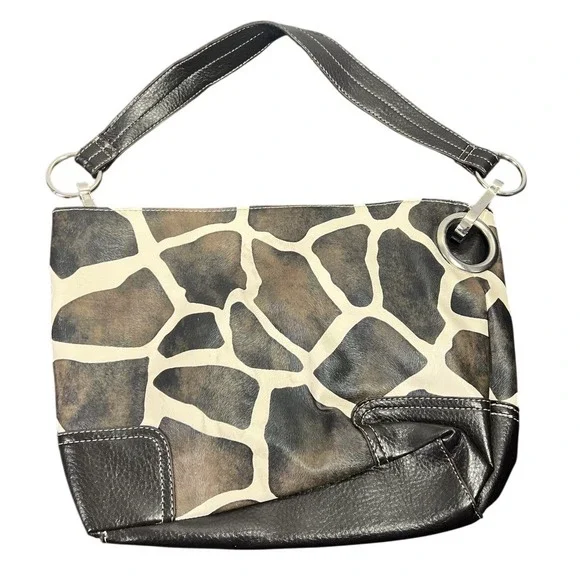 Vintage Giraffe Print Faux Fur Black Leather Hobo Shoulder Bag Handbag Purse Y2K