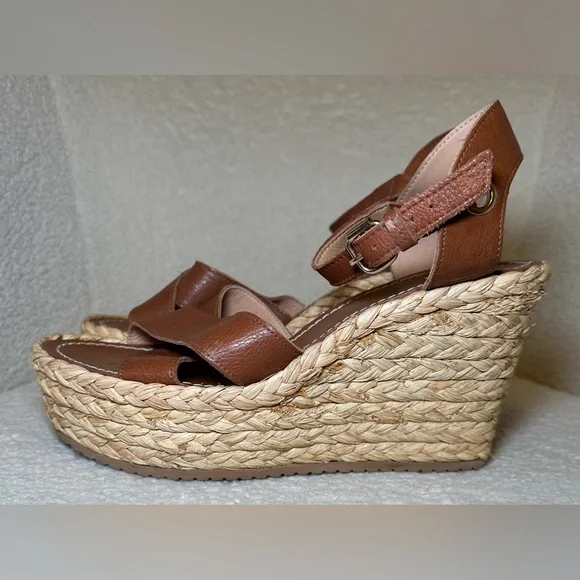 ALDO espadrilles platform shoes heels tan brown leather ankle‎ straps summer 8.5