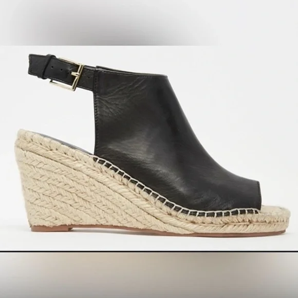 KG Kurt Geiger Nelly Black Leather Espadrille Wedge Sandals Size EU 41