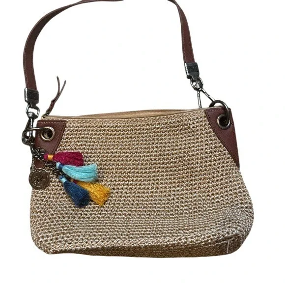 The Sak Crochet Crossbody Bag Tan Brown Leather Trim‎ Tassel Charm