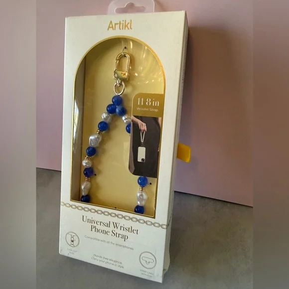 Blue Beaded Wristlet Phone Strap with Pearlescent Accents