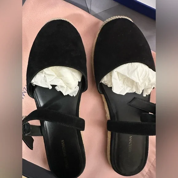Stuart Weitzman Black Espadrille Slides with Crystals Buckle