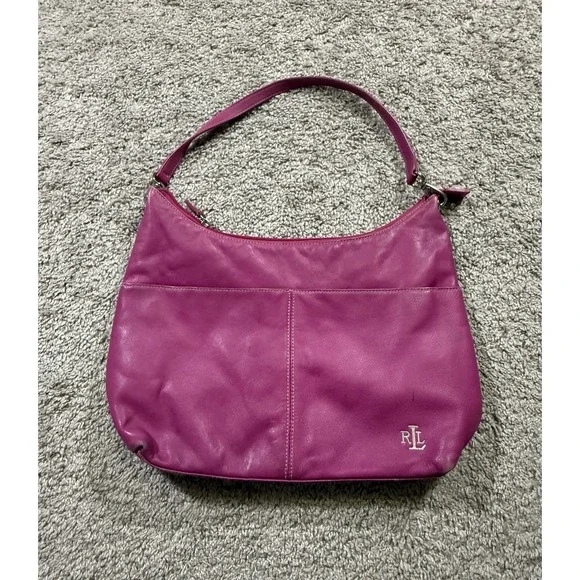 Lauren Ralph Lauren Fuchsia Leather Hobo Shoulder Handbag Barbie Y2K Party Rich‎
