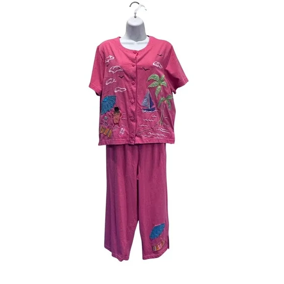 Onque Casuals Women's Pink Beach Scene‎ Short Sleeve Button Up Top Pants Set M