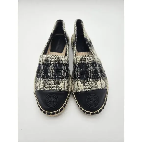 Tory Burch Logo Espadrille Flats Black Ivory Tweed Round Toe Slip-On sz 6.5