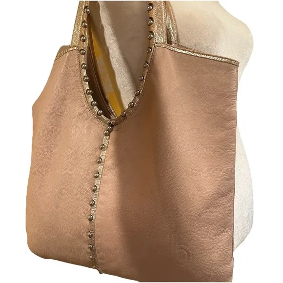 Bon Bonite Blush Pink Leather Hobo Shoulder Bag Metal Beads Dark Cottage Grunge