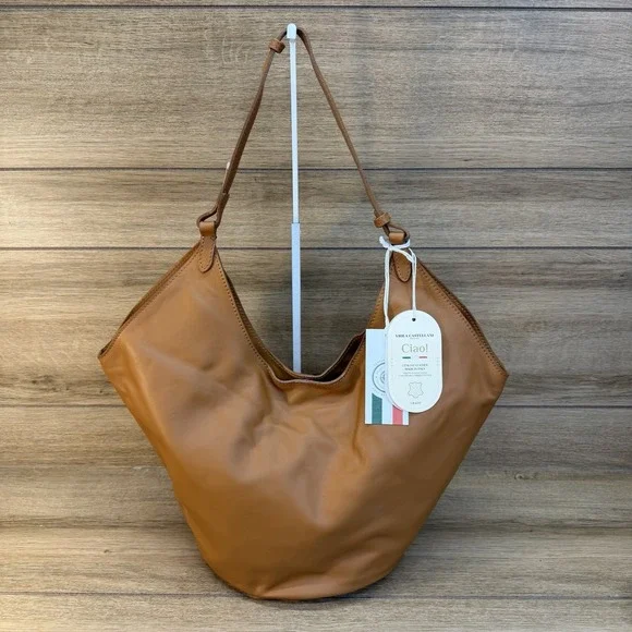 Viola Castellani Hobo Shoulder Bag Soft Italian Leather Pouch Tan Brown