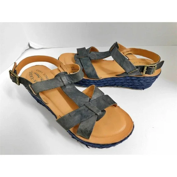 Kork-Ease Blue Leather Straw Espadrille Platform Wedge Heel 39‎
