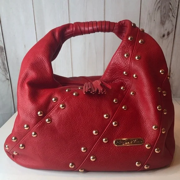 La Giodi de Toscana Red Studded Soft Leather Hobo Handbag Zip top Roomy NWOT
