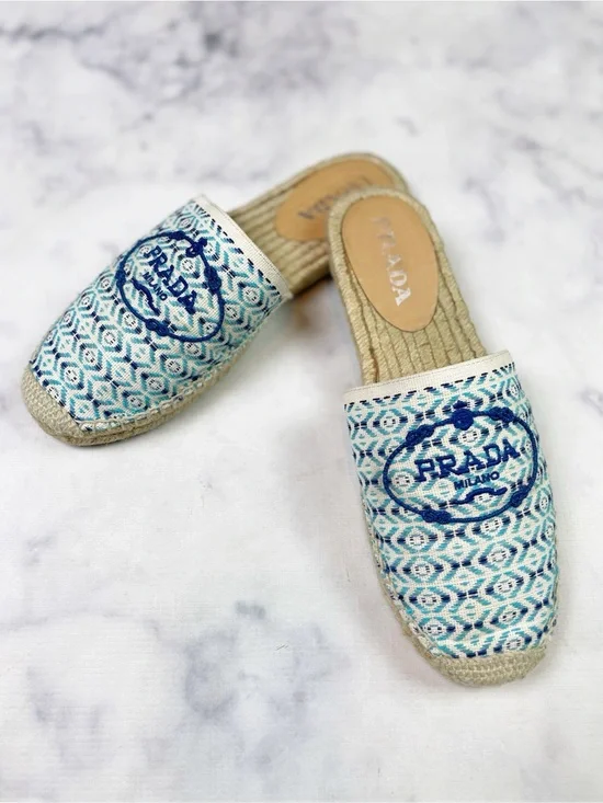 PRADA Nastro Jacquard Embroidered Logo Espadrille Mules Slip On Flats Sz 39 / 9
