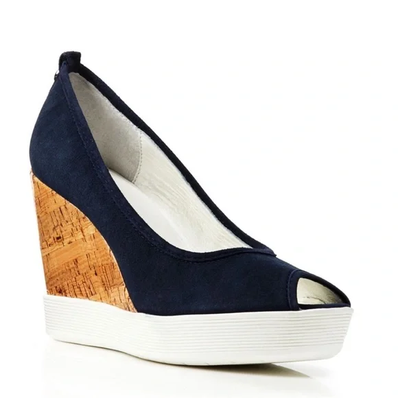 DONALD PLINER Carli Espadrille Shoe Navy Blue Suede Cork Wedge Heel Peep Toe 8